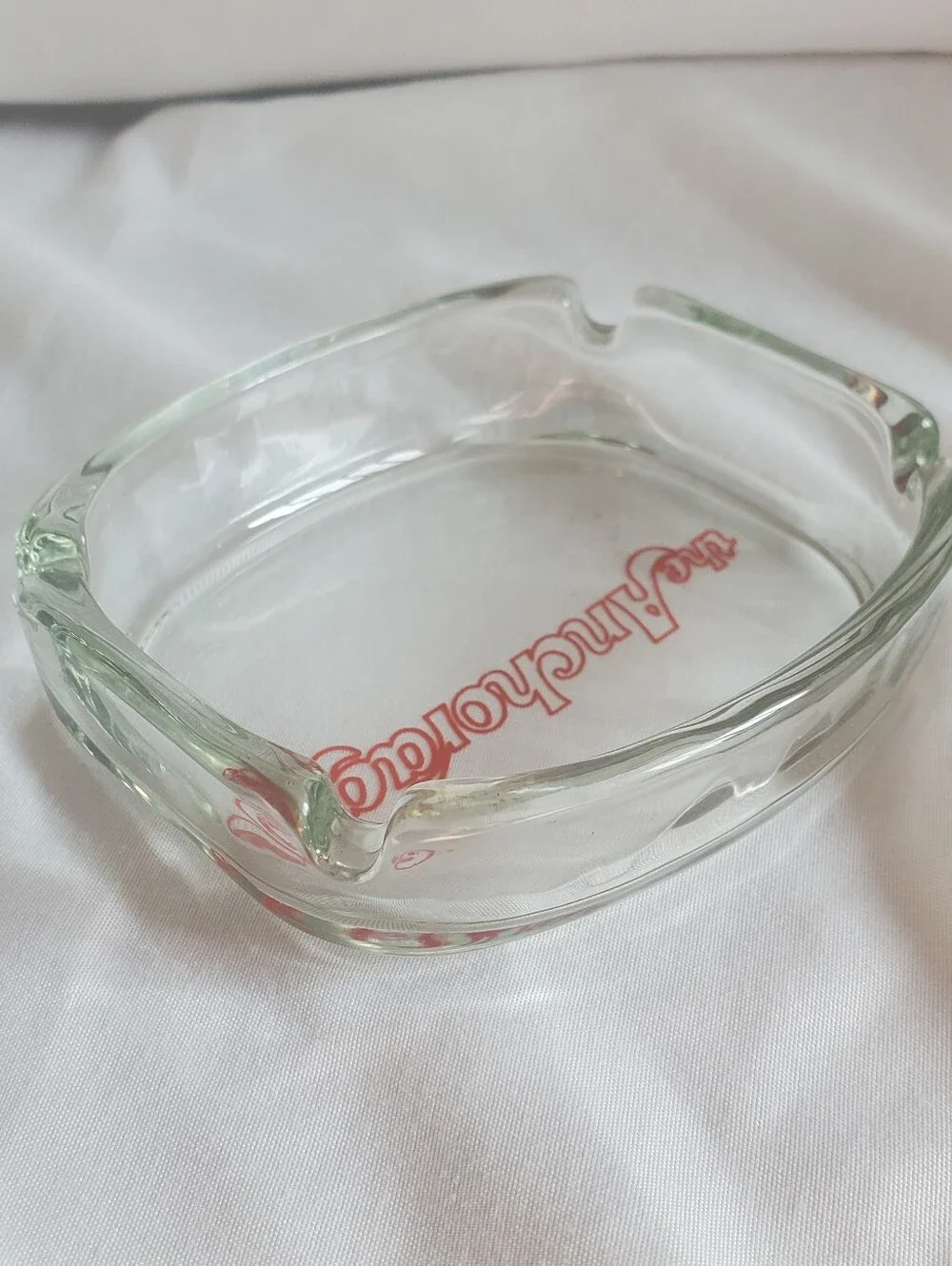The Anchorage Vintage Clear Glass Ashtray with Red Script Logo Retro MCM EUC